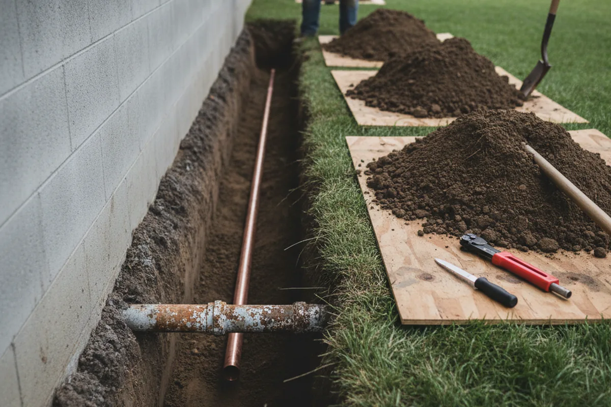 Excavated water line trench during Water Softener Installation in La Palma